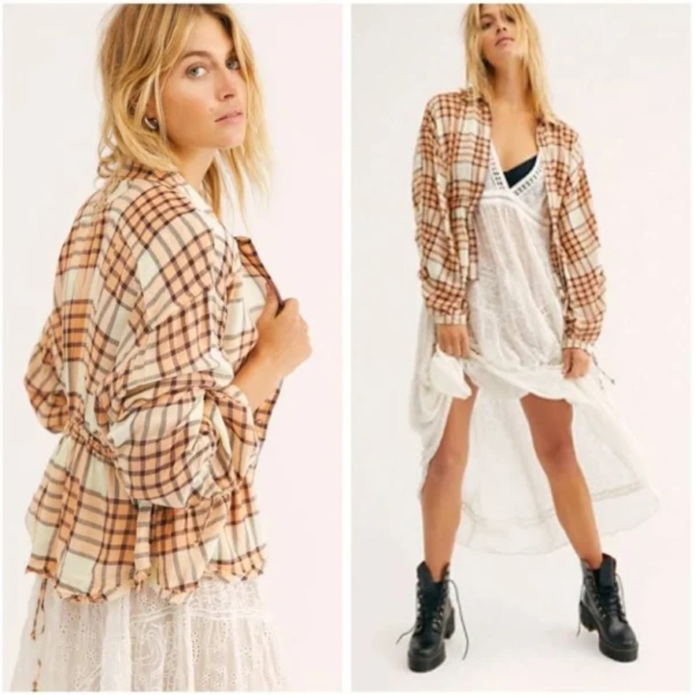Free People NWT Pacific Dawn Plaid Shirt Snap Front Closure Drawstring Peach New